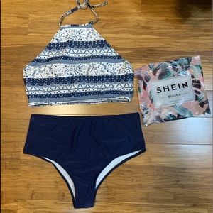 Shein high neck navy and white 2 piece swim suit.